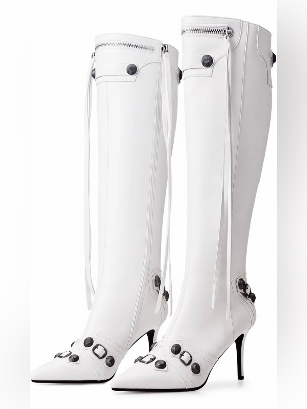 White Knee High Stiletto Boots Pointed Toe Buckle Stud Y2K Size 11